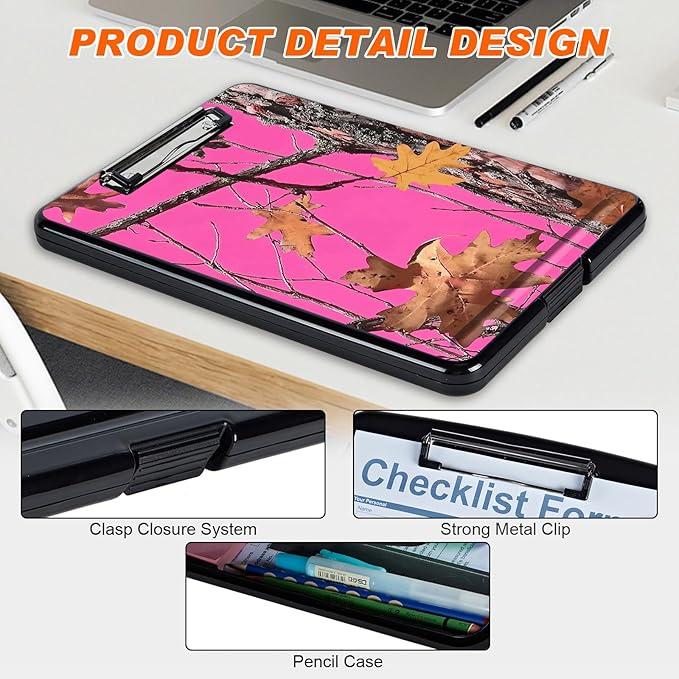 Clipboard with Storage, Hard Letter A4 Size Clip Board with Pen Holder & Paper Organizer, Heavy Duty Portable Writing Pad for Nurses Students Teachers Office Jobsite Contractor, Pink Dead Wood