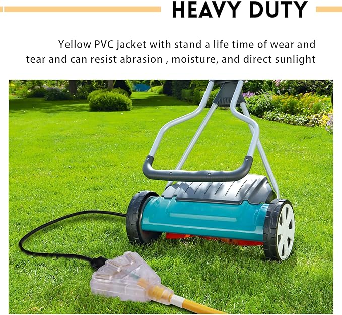 EP 25 Ft Lighted Outdoor Extension Cord with 3 Electrical Power Outlets - 14/3 SJTW Heavy Duty Yellow Extension Cable with 3 Prong Grounded Plug - Power Cord for Lawn, Garden, Appliances