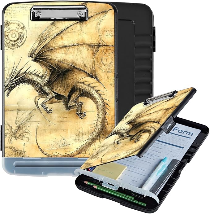 Clipboard with Storage Box & Pen Holder,Heavy Duty Clip Boards 8.5x11 for Nursing,High Capacity,School & Office Supplies,Dragon Blueprint