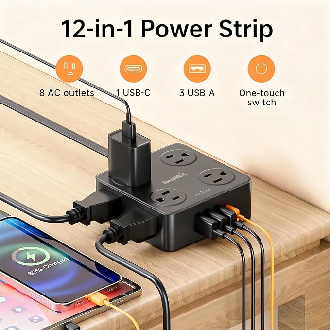 10Ft Power Strip with Surge Protector, 8 Outlets 4 USB Ports Extension Cord, Flat Plug Charging Station for Home Office Desk & College Dorm Essentials, Black