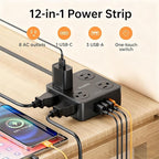 10Ft Power Strip with Surge Protector, 8 Outlets 4 USB Ports Extension Cord, Flat Plug Charging Station for Home Office Desk & College Dorm Essentials, Black