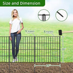 Metal Garden Fence 28in (H) x 18.7ft (L), 8 Panels + 9 Stakes Dog Fence Border Fence Animal Barrier, No Dig Garden Fencing for Yard Flower Bed Lawn Patio Outdoor, PIN282808 Black
