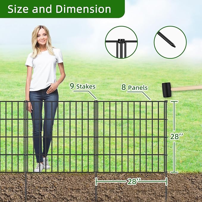 Metal Garden Fence 28in (H) x 18.7ft (L), 8 Panels + 9 Stakes Dog Fence Border Fence Animal Barrier, No Dig Garden Fencing for Yard Flower Bed Lawn Patio Outdoor, PIN282808 Black