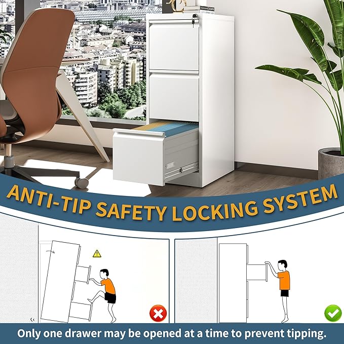 3 Drawer File Cabinet with Lock, Vertical Filing Cabinets for Home Office, Metal Storage Cabinets, Heavy Duty File Cabinet for Letter/Legal/A4/F4 Size Amssebly Required, White