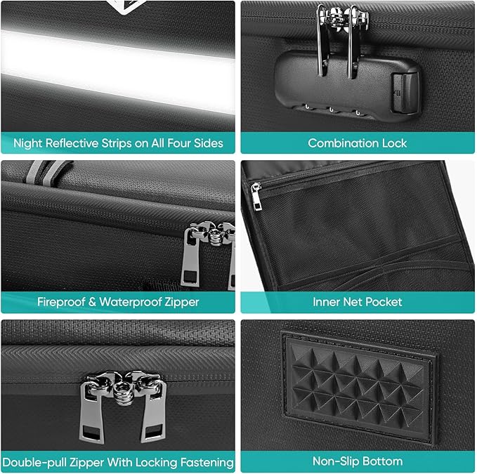 BALEINE Fireproof Document Box with Lock, Portable Fireproof Document Bag Waterproof Fire Proof File Boxes for Documents, File Organizer Box for Important Paperwork (Black, 16''x12.5''x11.5'')