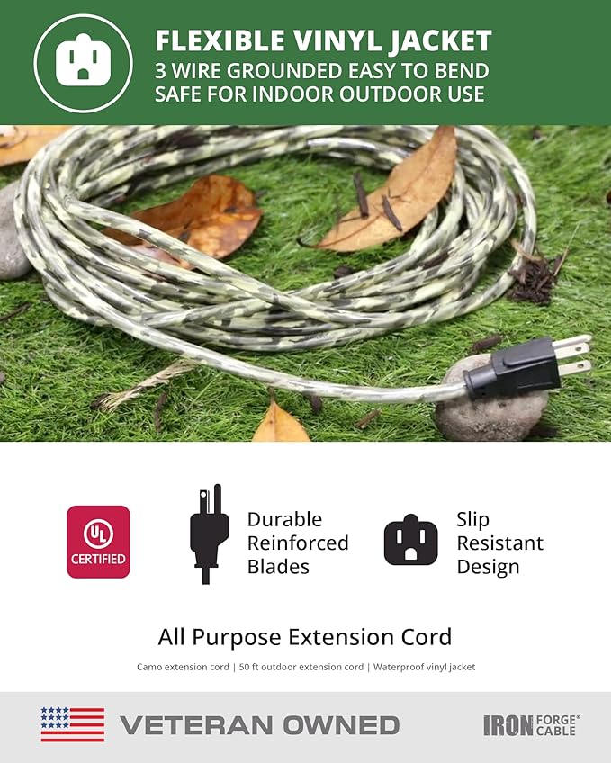 Iron Forge Cable Camo Outdoor Extension Cord 50 ft, 16/3 SJTW 50 Foot Camoflauge Exterior Extension Cord 3 Prong, Weatherproof Heavy Duty Power Cable for Outside, Deck, Landscaping, Lawn & Hunting