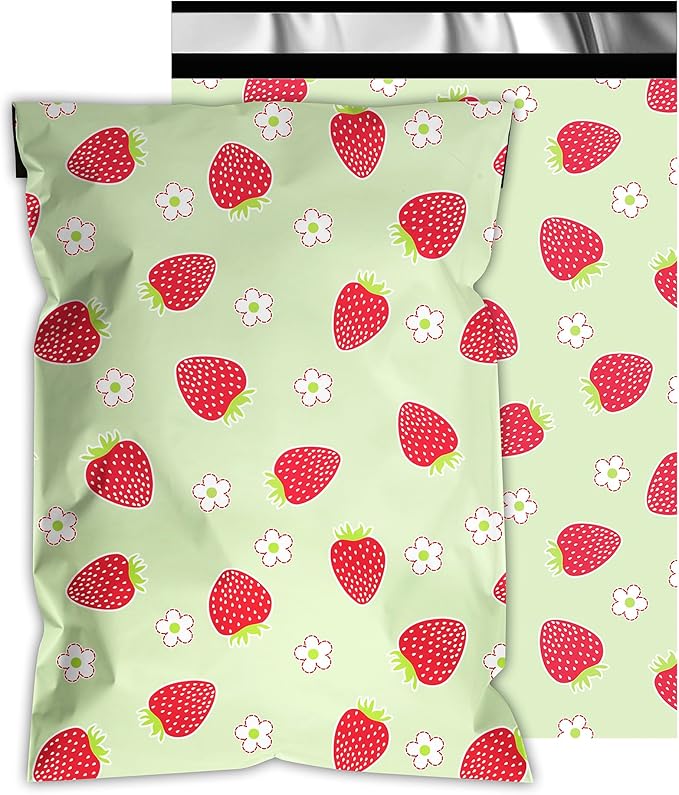 Poly Mailers 12x15.5 Inch 50 Pcs - Strawberries printed Shipping Bags, 2.4mil Thickness, Waterproof and Tear Resistant Mailing Envelopes, Self-Sealing Packaging Bags for Small Business
