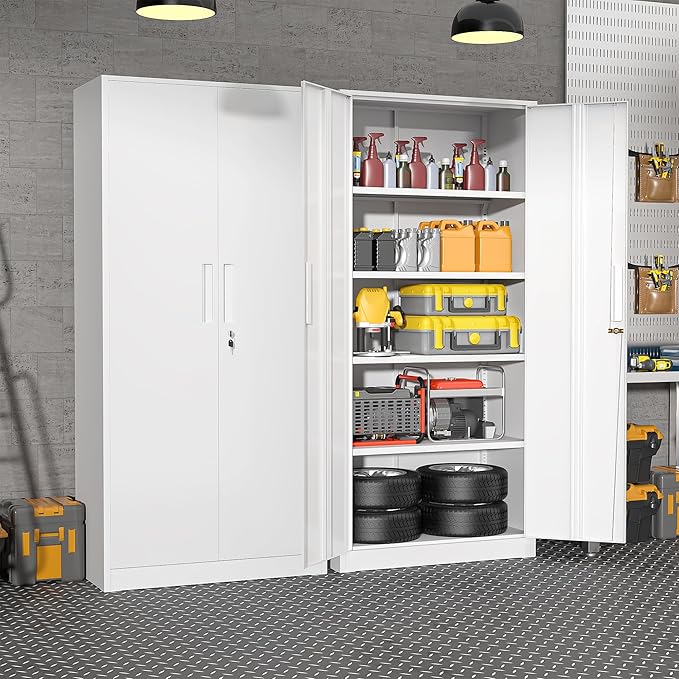 Superday Metal Garage Storage Cabinet with Lock, 71" H Lockable Storage Cabinets with Doors and 4 Adjustable Shelves, Locking Cabinet for Office, Home, Garage, Gym, School (White)