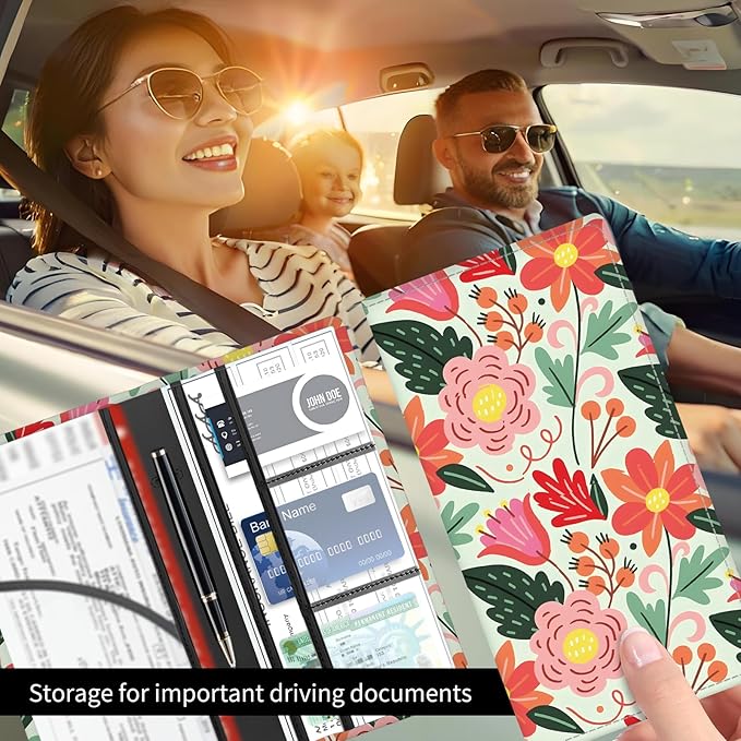 Premium Car Registration and Insurance Card Holder, Cute PU Leather Car Document Holder, Vehicle Glove Box Car Organizer with Magnetic Closure for Driver License, Cards Bright Exotic Floral
