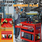 3 Tier Tool Cart on Wheels with Drawers - Three Tier Rolling Cart with Lockable Storage - Mechanic Tool Chest - Tool Chest with Wheels Used in Garage, Indoors, Workshop (Red)