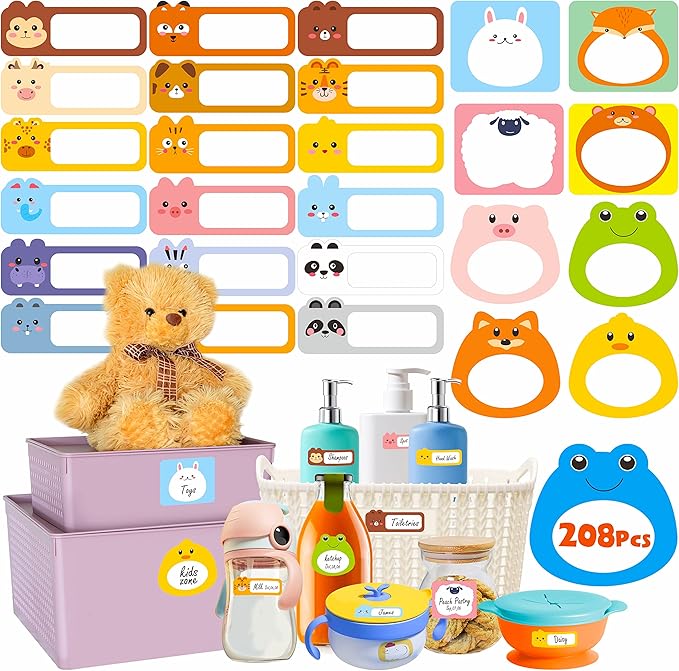 208 PCS Baby Food Labels, 26 Adorable Designs Removable Food Name Stickers Self-Adhesive Water/Oil/Tear Resistant for Baby, Kids, Toddlers Food Containers, Water Bottles, School Supplies, Mason Jars