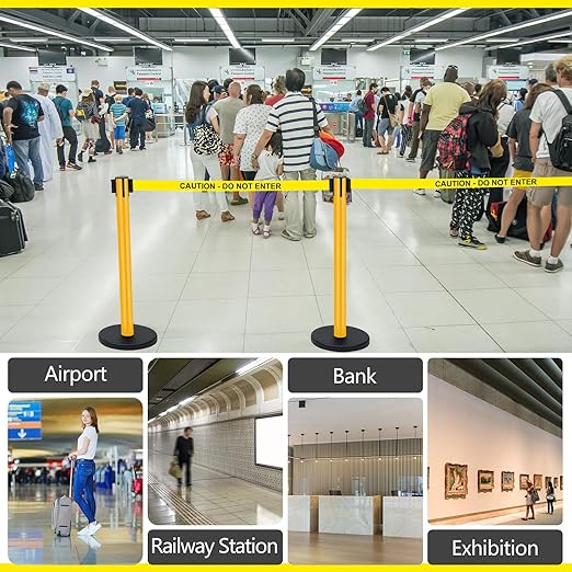 Therwen 12 Pack Heavy Duty Crowd Control Stanchions 9.8 ft Stainless Steel Stanchion Set with Safety Barrier Post Retractable Belt and Sign Holder Crowd Control Barrier(Caution Belt, Yellow)