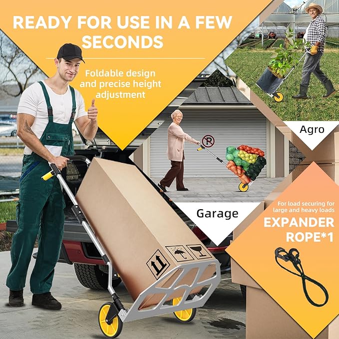 Aluminum Folding Hand Truck 309lb Capacity - Collapsible Dolly Cart with 47.3" Adjustable Handle, TPR Wheels & Portable Hand Truck Design, 11lbs Lightweight Storage Solution (No Assembly)