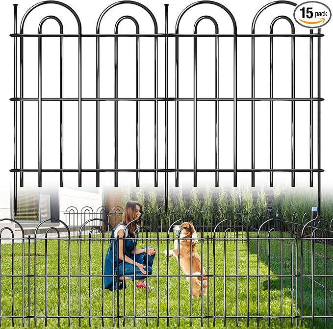 15 Panels Decorative Garden Fence, 32 in(H) X 30 ft(L) No Dig Dog Fence Outdoor for Yard, Rustproof Tall Metal Garden Fencing Animal Barrier with Ground Stakes, Temporary Fencing for Patio Outdoor