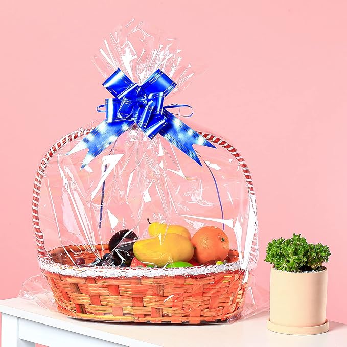120 Packs Large Clear Cellophane Bags 14x20 18x24 24x30 Inches Jumbo Gift Basket Wraps Extra-large Clear Plastic Bags for Fruit Basket, Gift Wrap, Treats, Arts and Crafts, 120 pcs Pull Ribbon Bow Ties