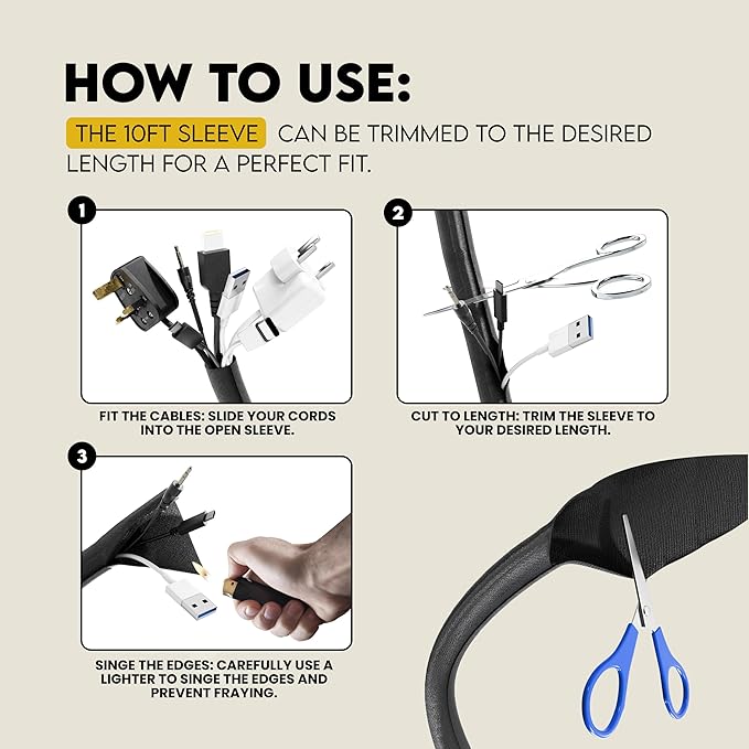 Cord Cover For Pets (Black, 10ft) - Durable PET Cable Protector for Dogs, Cats, and Other Pets - Critter Cord - Cord Protectors from Pets No Chew, Keep Cats from Chewing Cords - Puppy Proof Cord Cover