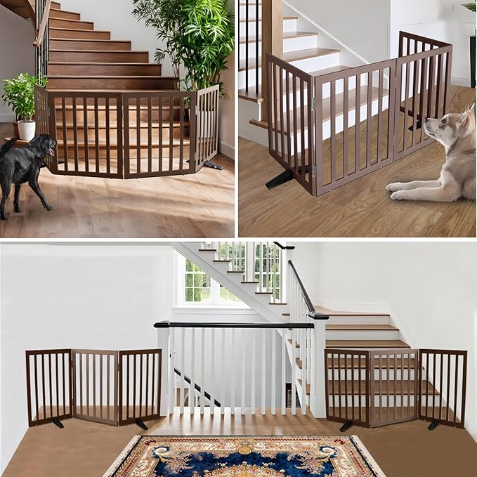 ZJSF Freestanding Indoor Dog Gate for House Foldable Wood Puppy Gate for Doorways Pet Gate for Stairs Extra Wide Pet Fence, Brown, 24" Height 2 Panels