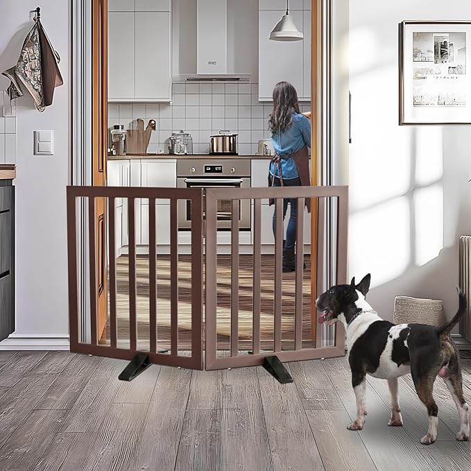 ZJSF Freestanding Indoor Dog Gate for House Foldable Wood Puppy Gate for Doorways Pet Gate for Stairs Extra Wide Pet Fence, Brown, 24" Height 2 Panels