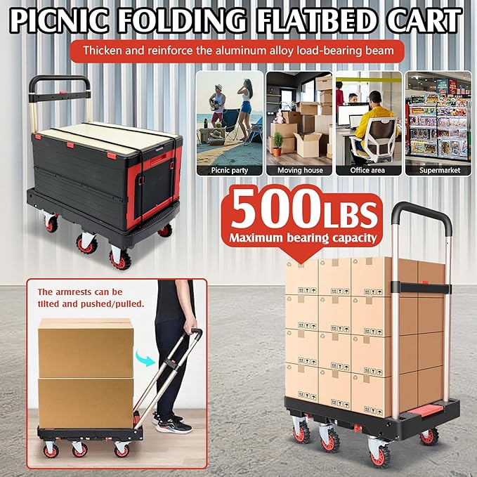 Collapsible Hand Truck w/Foldable Basket & Brake Wheel, Retractable Platform & Handle Heavy Duty 500lbs Capacity, Sponge Grip,Convertible Folding Dolly Cart for Luggage,Travel,Delivery & Storage