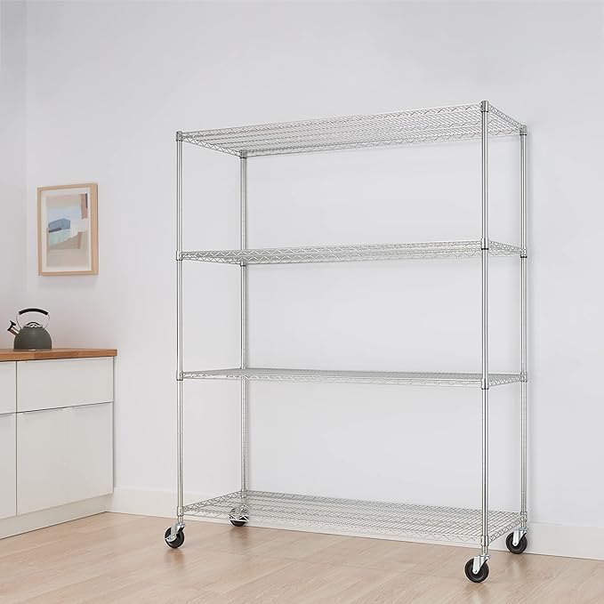 Trinity Basics 4-Tier Adjustable Wire Shelving with Wheels for Kitchen Organization, Garage Storage, Laundry Room, NSF Certified, 600 to 1800 Pound Capacity, 60” by 24” by 72”, EcoStorage Chrome