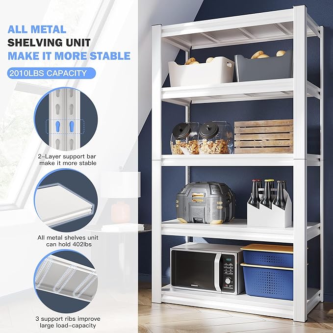 Raybee 72''H Garage Shelving Heavy Duty Storage Shelves Load 2010LBS Adjustable 5 Tier Heavy Duty Shelving White Garage Sheves Pantry Shelf for Kitchen Closet 72''H*31.7''W*16.3''D, 2Pack