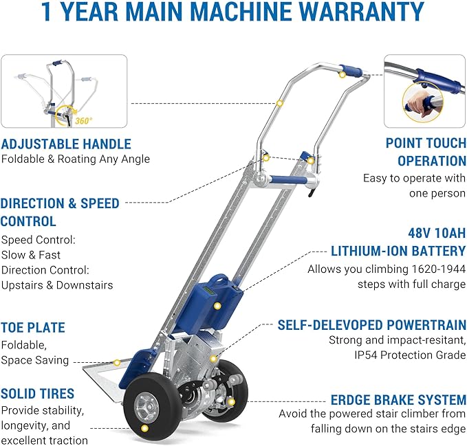 ZW7210GC Electric Stair Climbing Hand Truck Dolly with Auto-Edge Brake and 4th Wheel Attachment-463 LBS