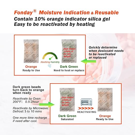 50g x 10 packs Fonday Rechargeable Silica Gel Desiccant Packets Food Grade Fast Reactivate Desiccant Bags Moisture Indicating Orange to Green