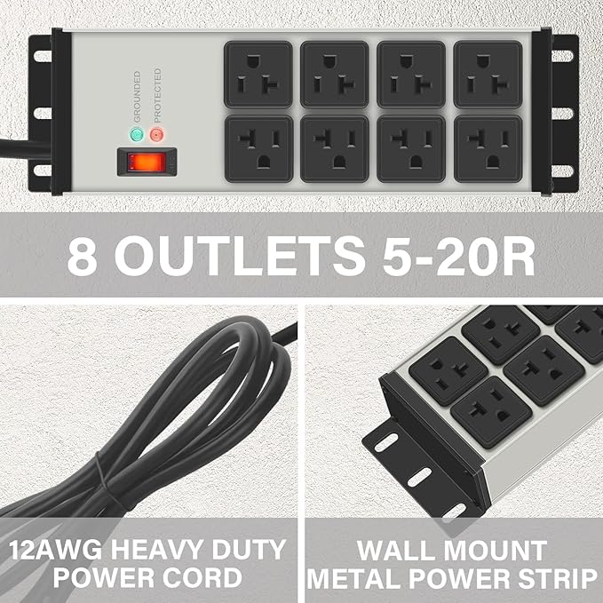 CCCEI 2PCS Heavy Duty Power Strip Surge Protector 20 AMP, 8 Outlets 12 Gauge Industrial Shop Garage Metal Multiple Outlets, 6 FT Extension Cord 5-15P Adapter High Amp 6-20R T-Slot 20a for Appliance
