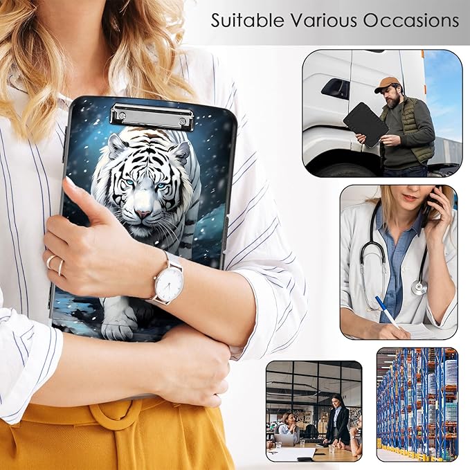 Clipboard with Storage,Office Supplies Nursing Clipboards Folder with Pen Holder Plastic Storage ClipBoard Foldable for Teacher Nurse,White Tiger
