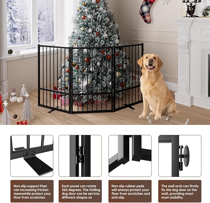 3 Panels Full Metal Freestanding Dog Gates, 60” W x 32” H Folding Pet Gate Fence with Support Feet for Indoor,Stairs, Hallways and Doorways(Black)