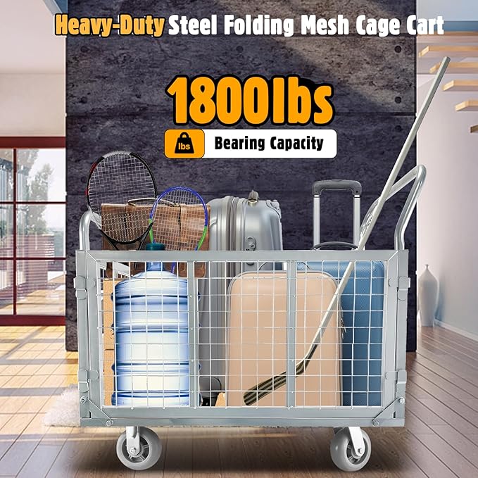 Platform Truck Cart with Cage, 6-in-1 Flatbed Utility Carts, Foldable Heavy Duty Push Cart Dolly W/Swivel Wheel, Rmovable Side, 1800lbs Capacity, 39"x24" Hand Truck for Groceries, Garage, Warehouse