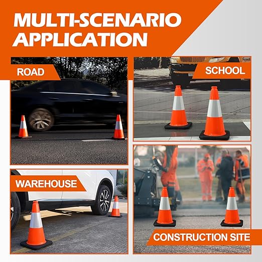 6 Pack 18 Inch Orange Reflective Traffic Cones, Black Base PVC Safety Cones for Construction Sites, Parking Control and Hazard Marking (6, Orange, 18 Inch)