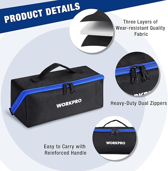WORKPRO Tool Bag with Zipper, 10" Utility Wide Mouth Heavy Duty Tool Storage Bag, Multipurpose Zipper Tool Pouch Tote Bag for Organizer 3-pack