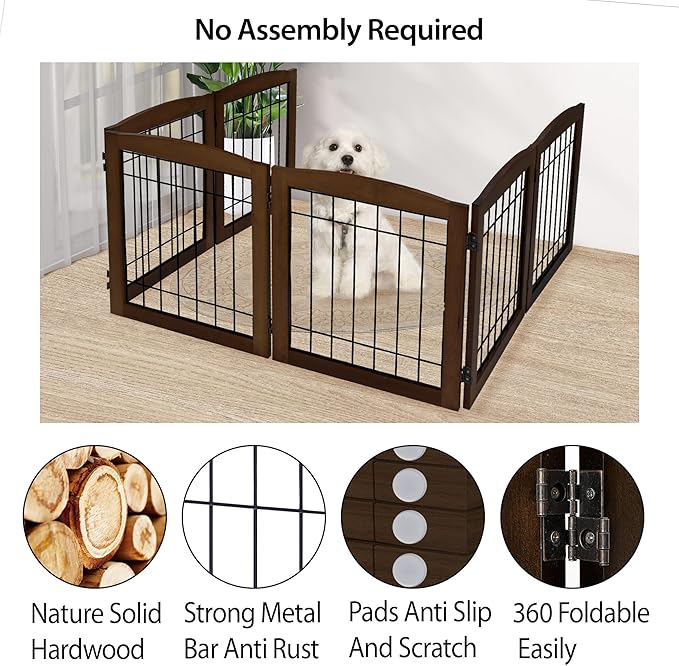 LZRS 6-Panel Extra Wide Wooden Freestanding Dog Gate: Foldable Solid Wood and Steel Wire Chew Resistant Safety Barrier for Doorways, Stairs, and Open Long Spaces Indoor Use, Walnut