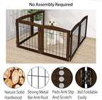 LZRS 6-Panel Extra Wide Wooden Freestanding Dog Gate: Foldable Solid Wood and Steel Wire Chew Resistant Safety Barrier for Doorways, Stairs, and Open Long Spaces Indoor Use, Walnut
