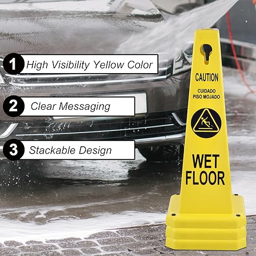 OrangeStar 4-Pack Wet Floor Caution Cones, Yellow Four Sided Bilingual Warning Message Safety Traffic Cones with Heavy Rubber Base for Indoor/Outdoor Use
