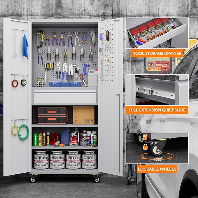 Metal Storage Cabinet with Drawers, Locking Garage Tool Cabinets on Wheels with Pegboards and Hooks for Warehouse Homes, Offices, Assembly Required(Grey&White)