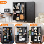 Aobabo Broom Closet Storage Cabinet with 4 Shelves, Garage Storage Cabinet with Wheels and Pegboard and Metal Hooks, Hanging Rod for Brooms and Mops,Kitchen Pantry, Black, Assembly Required