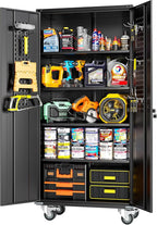 Greenvelly Metal Storage Cabinet with Wheels, Lockable 72" Black Metal Garage Cabinets with 2 Doors and 4 Adjustable Shelves, Rolling Steel Tool Cabinet for Garage, Home Office, School