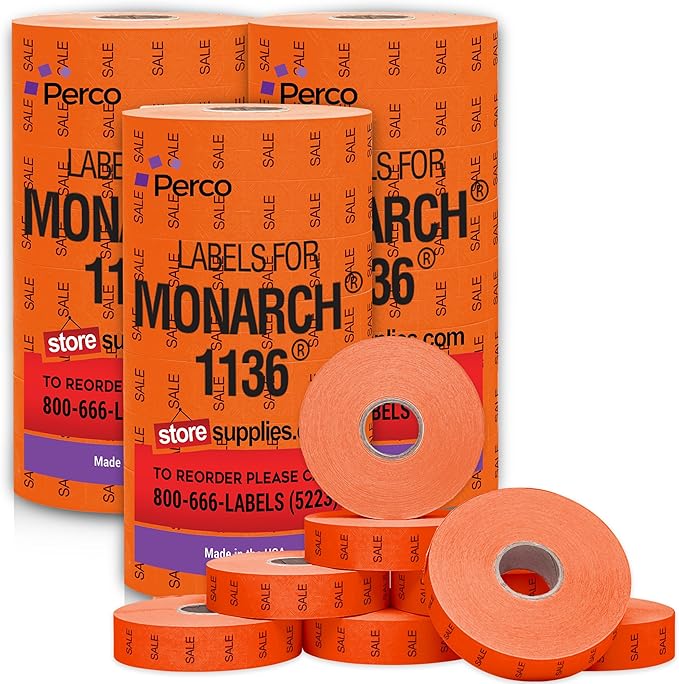 Perco Red Sale Pricing Labels for Monarch 1136 Price Gun – 3 Sleeves, 24 Rolls Value Pack - 42,000 Price Marking Labels – with Ink Rolls Included