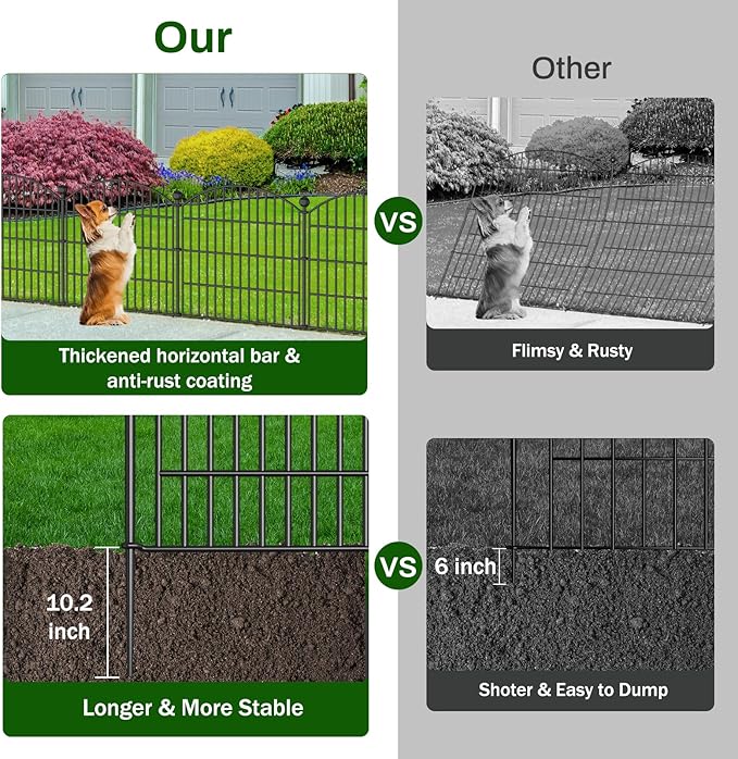10 Panels No Dig Decorative Garden Fence Animal Barrier - 24 in (H) x 20 ft (L) - Dog Fence Outdoor for Yard, Rabbits and Small Pets - Tall Rustproof Metal Wire Fencing Border for Garden and Patio