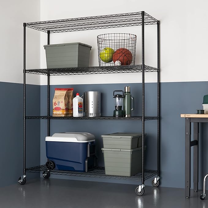 Trinity Basics 4-Tier Adjustable Wire Shelving with Wheels for Kitchen Organization, Garage Storage, Laundry Room, NSF Certified, 600 to 1800 Pound Capacity, 60” by 24” by 72”, Black