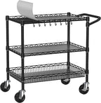 Heavy Duty Rolling Cart with Wheels, 3 Tier Commercial Grade Utility Cart, Metal Kitchen Storage Trolley with Handle Bar & Shelf Liner for Food Service Tool, Black