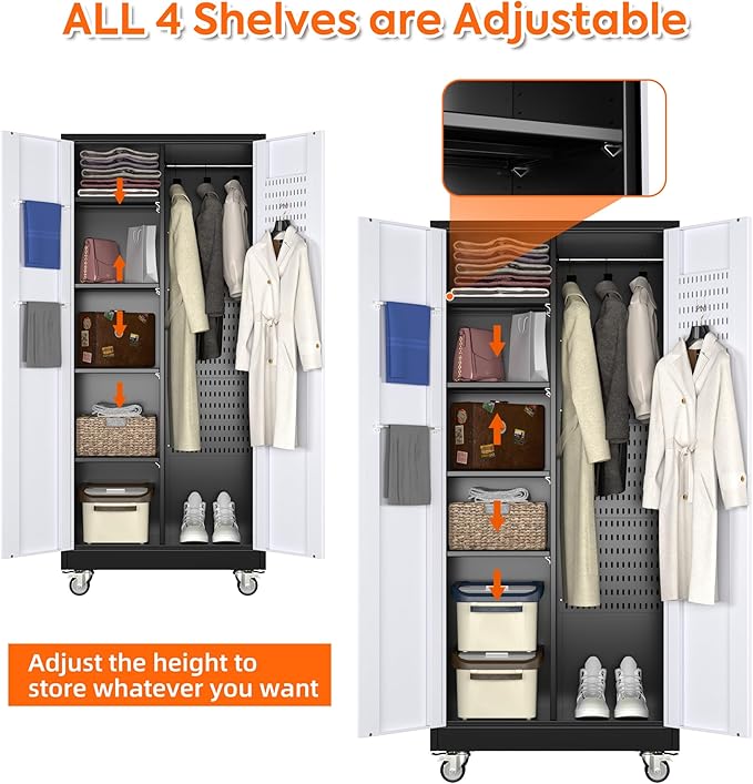 Aobabo Metal Broom Closet Storage Cabinet on Wheels and 2 Lockable Doors, Steel Cleaning Tools Cabinet for Garage with Pegboards and Hooks,Black,Assembly Required