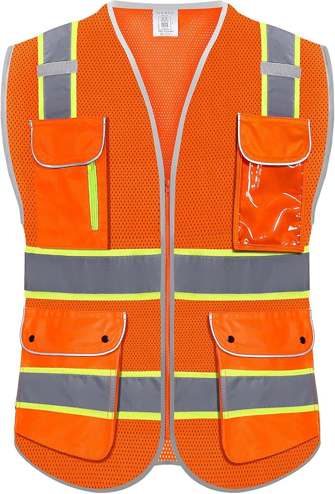 High Visibility Safety Vest - Reflective Breathable Mesh with 9 Pockets, Front Zipper for Men & Women - Meets ANSI/ISEA Standards