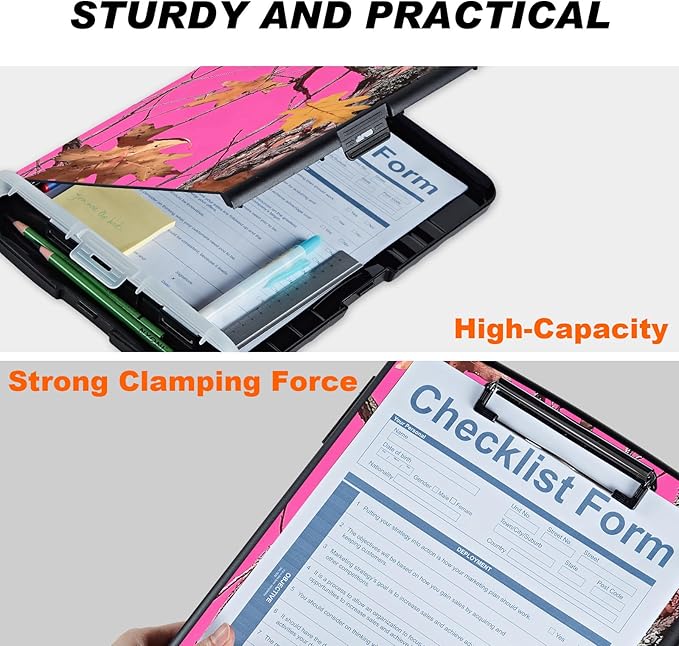Clipboard with Storage Compartment, 8.5 x 11 Letter Size Side Opening Clip Board with Pen Holder, Hard Portable Clipboard Organizer for Nurse, Teacher, Contractor, Jobsite, Pink Dead Wood