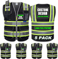 BeautyWill 5 Pack Safety Vest Class2 ANSI Certified Custom Logo High Visibility Reflective Vest for Men -10 Pockets Personalized Logo Heavy-Duty Work Vest（Mesh Black，S）