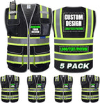 BeautyWill 5 Pack Safety Vest Class2 ANSI Certified Custom Logo High Visibility Reflective Vest for Men -10 Pockets Personalized Logo Heavy-Duty Work Vest（Mesh Black，S）