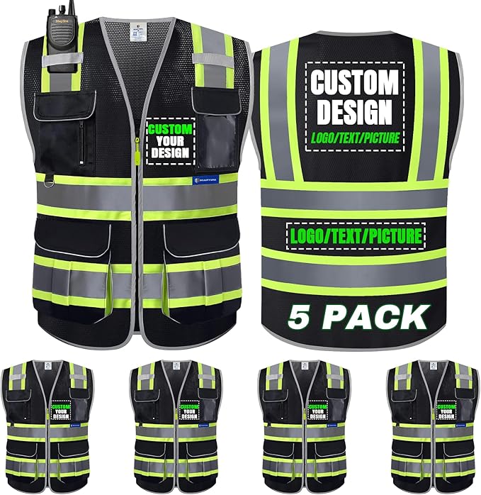 BeautyWill 5 Pack Safety Vest Class2 ANSI Certified Custom Logo High Visibility Reflective Vest for Men -10 Pockets Personalized Logo Heavy-Duty Work Vest（Mesh Black，S）