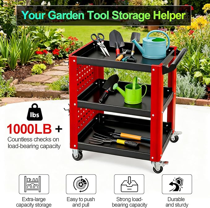 3 Tier Rolling Tool Cart, Mechanic Tool Cart on Wheels, Mechanic Storage Organizer, Utility Cart with Pegboard and Hook for Garage, Workshop, Warehouse（Red & Black）